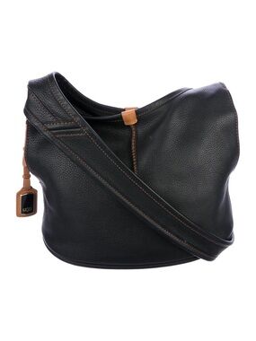 UGG Carmen Black Pebbled Leather Crossbody Hobo Bag Tan Trim Boho Stitch